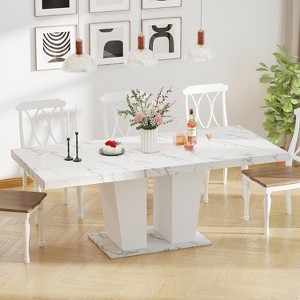 Zevemomo 63"-78.7" Expandable Farmhouse Table, 6-10 Seater Wooden Table with Metal Track & Dual Column Base, White for Dining Room & Office - 1 of 4