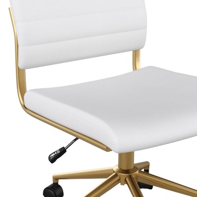 White Faux Leather Armless Swivel Office Chair with Brass Frame