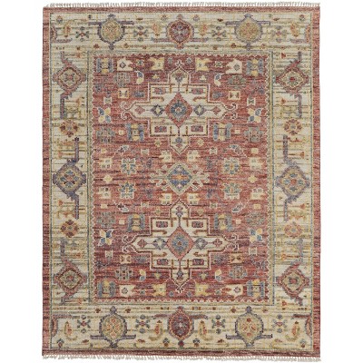 Ivory Red and Gold Wool Oriental Hand Knotted Area Rug With Fringe