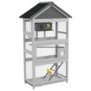 PawHut Wooden Bird Aviary, 67" Outdoor Bird Cage with Slide-Out Tray, Three Doors, Birdhouse, Ladder, Perches for Finches, Parakeets, Gray - 1 of 4