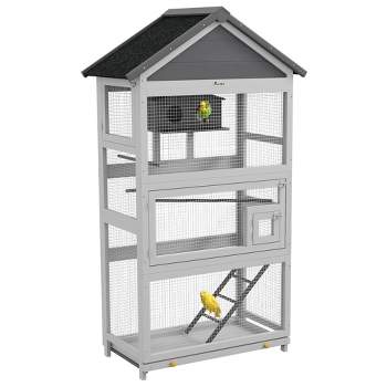 PawHut Wooden Bird Aviary, 67" Outdoor Bird Cage with Slide-Out Tray, Three Doors, Birdhouse, Ladder, Perches for Finches, Parakeets - Gray