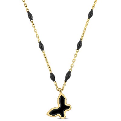 EVERLY JEWELRY | 14K Yellow Gold Black Enamel Butterfly Station Necklace - 18 inch