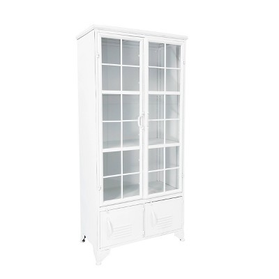 White Metal Freestanding Cabinet with Glass Doors and Shelves