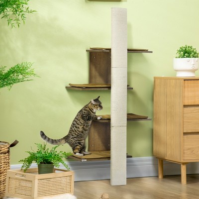 Wall-Mounted Brown Sisal Cat Tree with Cushions