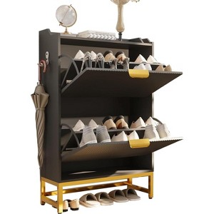 Acekool Fluted Shoe Cabinet, Wave Pattern 2 Flip Drawer Slim Organizer with Gold Handles, Entryway Storage Rack - 1 of 4