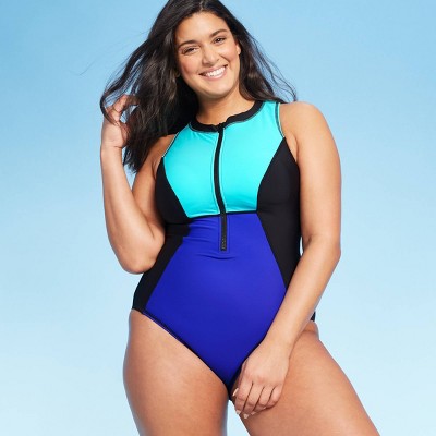 Women S Zip Up One Piece Swimsuit Aqua Green Blue M Ebay
