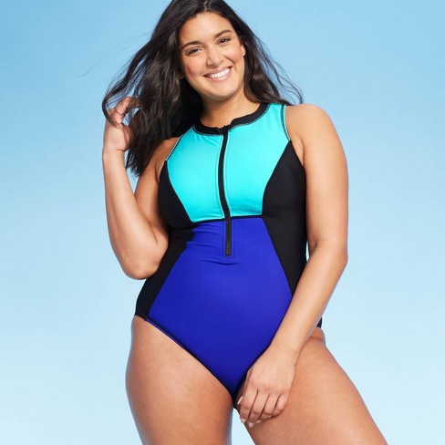 Women S Zip Up One Piece Swimsuit Aqua Green Blue Target