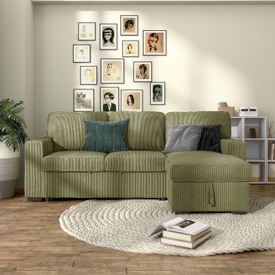 Green Corduroy Fabric Sectional Sofa with Storage Ottoman