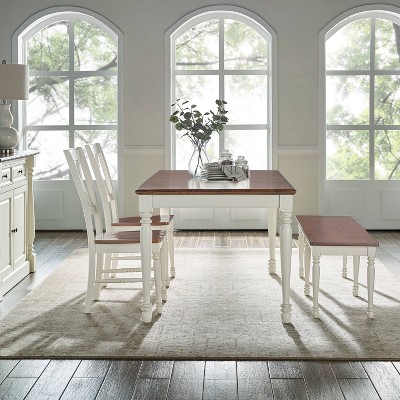 Distressed White and Dark Wood 4-Piece Dining Set with Bench