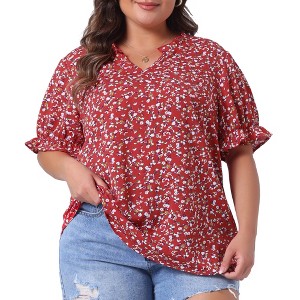 Agnes Orinda Women's Plus Size Summer Floral V Neck Ruffle Puff Short Sleeve Casual Blouse - 1 of 4