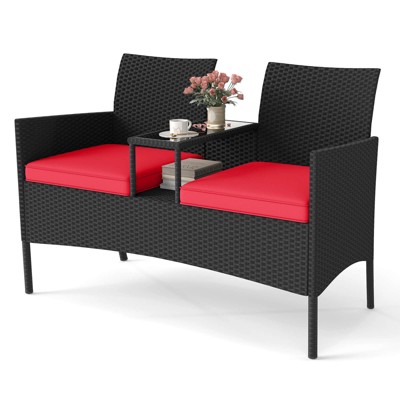 Costway Patio Loveseat with Built-in Table Soft Cushions & Tempered Glass Tabletop Red/Blue/Gray/Off-White