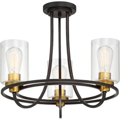 Possini Euro Design Industrial Ceiling Light Semi Flush Mount Fixture Oil Rubbed Bronze Gold 19" Wide 3-Light Mesh Dome Bedroom