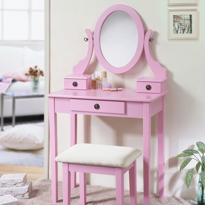 YONWAY Makeup Vanity Table and Stool Set with Adjustable Mirror and Three Storage Drawers for Bedroom,Ideal for Jewelry and Cosmetics Storage