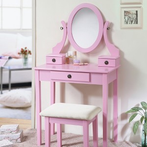YONWAY Makeup Vanity Table and Stool Set with Adjustable Mirror and Three Storage Drawers for Bedroom,Ideal for Jewelry and Cosmetics Storage - 1 of 4