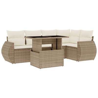 vidaXL 6 Piece Patio Sofa Set with Cushions Beige and Cream Poly Rattan - Without Storage