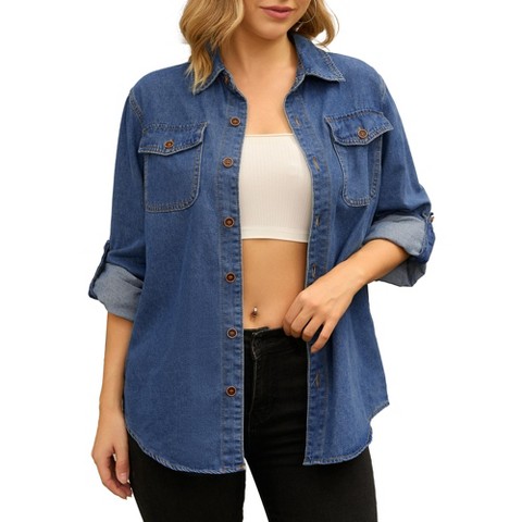 Женские куртки INSPIRE CHIC Long Sleeve Button Down Turndown Collar Jean Denim Jacket with Pocket Blue Small