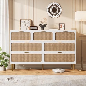 Rattan 7-Drawer Tall Dresser w/ Deep Drawers & Wide Top - Multi-Room Storage for Bedroom, Living Room, Hallway, Nursery - 1 of 4