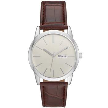Men's Classic Day/Date Strap Watch - Goodfellow & Co™ Silver/Brown