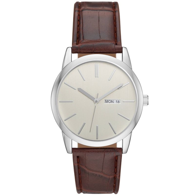 Men&#39;s Classic Day/Date Strap Watch - Goodfellow &#38; Co&#8482; Silver/Brown, 1 of 2
