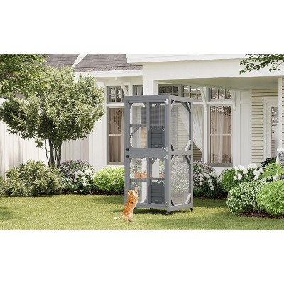68'' Wooden Catio - 4-Tier Outdoor Cat Enclosure for Multiple Cats, Waterproof Shelter w/ 4 Platforms, 2 Sliding Doors & Scratching Post
