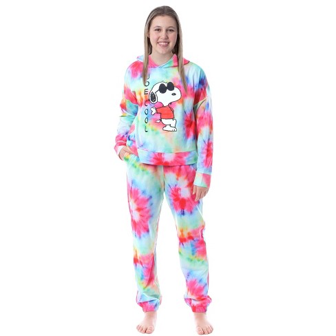 Peanuts Snoopy Joe Cool Tie Dye Womens' Pajama Cropped Hooded Jogger Set Multicolored - image 1 of 4