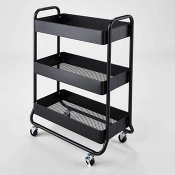 Wide MetalUtility Cart Black - Brightroom™: Rolling Mesh Shelves, Locking Casters, Powder-Coated Steel & Plastic Construction