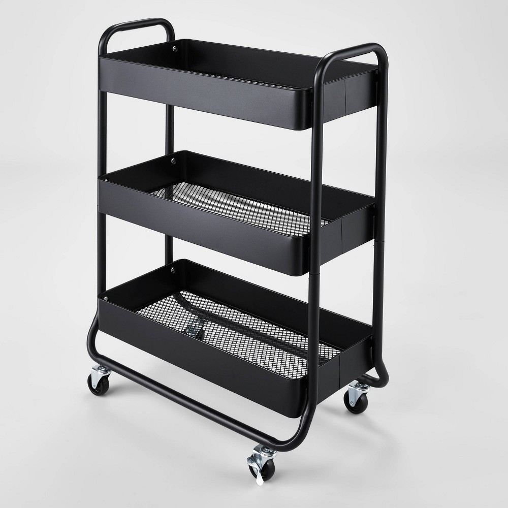 Photos - Other Furniture Wide MetalUtility Cart Black - Brightroom™: Rolling Mesh Shelves, Locking