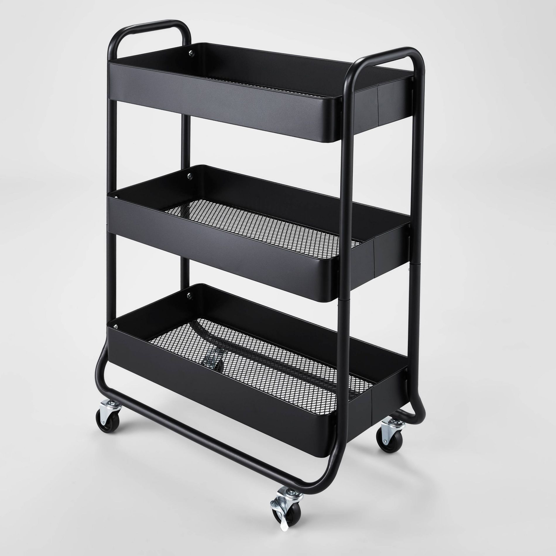 3 Tier Wide Metal Utility Cart Black - Brightroom™: Rolling Storage Cart with Casters, Fixed Shelves, Universal Storage