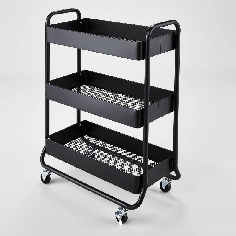 Wide MetalUtility Cart Black - Brightroom&#8482;: Rolling Mesh Shelves, Locking Casters, Powder-Coated Steel & Plastic Construction, 1 of 7