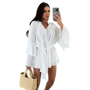 Coolmee Women's Dresses Casual Ruffle V Neck Puff Long Sleeve Elegant Flowy Short Mini Dress - 1 of 4