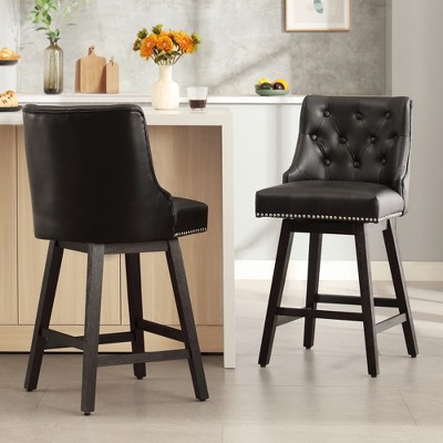 Gericco Swivel Bar Stools, 26" Faux Leather Upholstered Swivel Counter Stools, Modern Kitchen Island Stools with Solid Wood Legs, Black