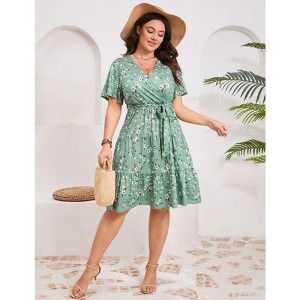 Coolmee Women Plus Size Casual Floral V Neck High Waisted Short Sleeve Wrap Midi Dress With Belt - 1 of 4