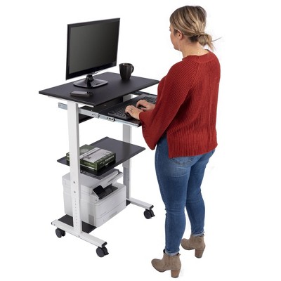 White Adjustable Height Standing Desk with Keyboard Tray and Printer Shelf