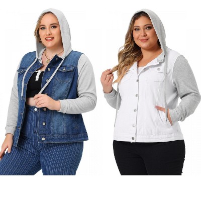 Agnes Orinda Women's Plus Size Layered Drawstring Hoodie Denim Jean Jackets