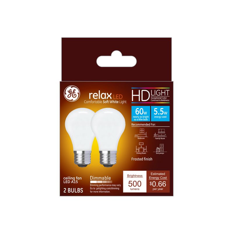 GE 2pk 5.5W 60W Equivalent Relax LED HD Ceiling Fan Light Bulbs Soft White, 1 of 4