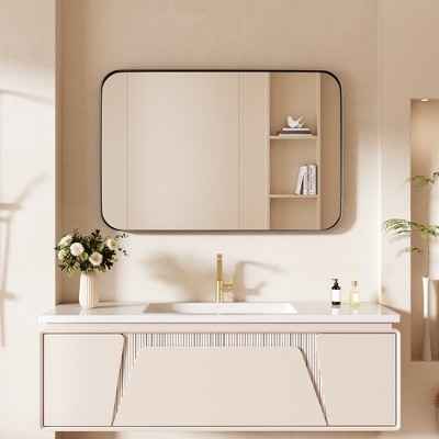 Tempered Glass Rounded Rectangle Framed Wall-Mounted Bathroom Vanity Mirror