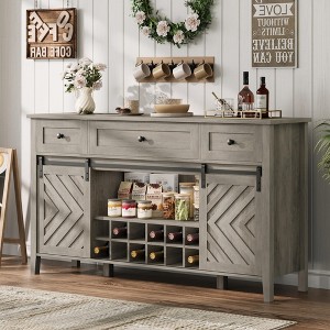 Farmhouse 59'' Buffet Cabinet with Storage, 33.4'' Tall Wood Rustic Sideboard with 3 Drawer, Adjustable Shelf and Removable Wine Rack - 1 of 4