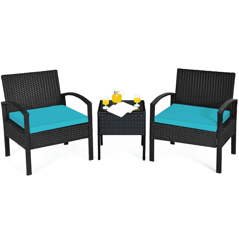 Tangkula 3 Pieces Patio Set Outdoor Wicker Rattan Furniture w/ Cushions Turquoise, 4 of 9