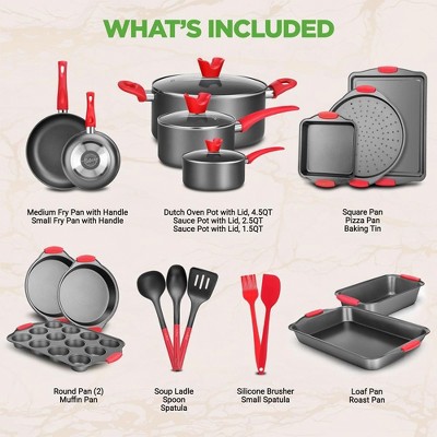 NutriChef 21-Piece Black and Red Non-Stick Cookware Set