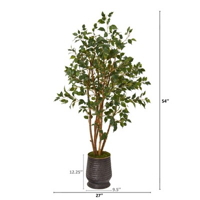 Elegant 57" Faux Ficus Floor Plant in Ribbed Metal Planter