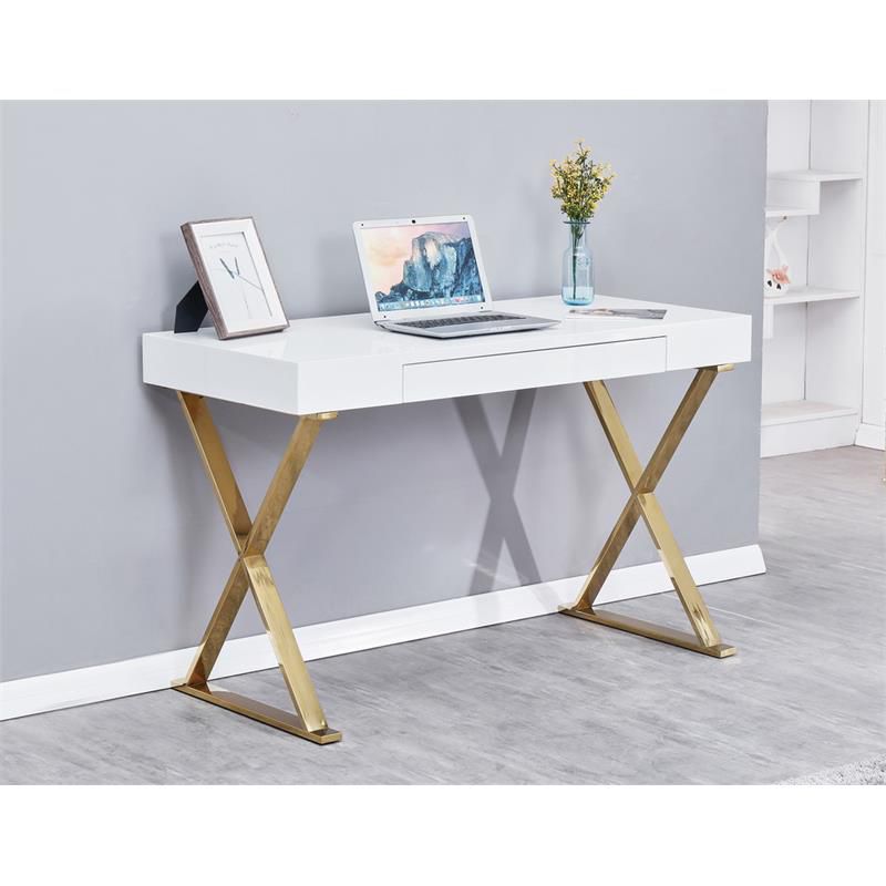 Modern Stainless Steel Frame Computer Desk - Gold High Gloss - Best Master Furniture, 2 of 3