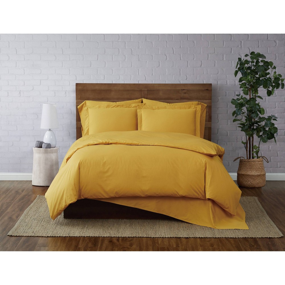 Photos - Bed Linen 3pc Full/Queen Solid Cotton Percale Duvet Set Mustard - Brooklyn Loom: Lightweight Bedding with Corner Ties, 200 Thread Coun