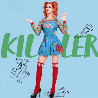 Joyfy Women's Halloween Costume Dress Creepy Doll Killer Costume Outfits with Top&Suspender Skirt&Knee-high Stockings for Adult Cosplay Party