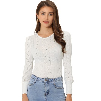 Allegra K Women's Casual Round Neck Hollow-Out Puff Long Sleeve Shirts