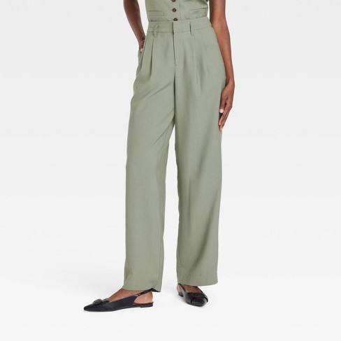 Women's High-rise Pleat Front Straight Trousers - A New Day™ Olive 2 ...