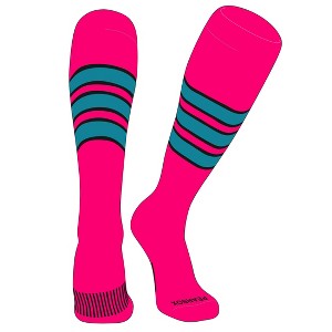 PEAR SOX Striped OTC Baseball, Softball, Football Socks (C) Hot Pink, Black, Marlin Teal (M) - 1 of 3