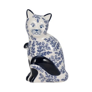 Sagebrook Home 8" Ceramic Cat Sculpture - Contemporary Vintage Style Chinoiserie Blue and White Floral Sitting Cat Statue - Cat Lover Gift - Home and - 1 of 4