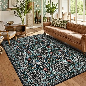 Washable Floral Print Botanical Rug Non Slip Low Pile Rug Soft Floor Cover Foldable Indoor Carpet for Living Room Bedroom Home Office - 1 of 4