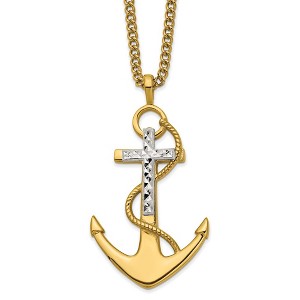 Chisel Stainless Steel Yellow IP-plated Diamond cut Cross and Anchor Pendant on a 24" Curb Chain Necklace - 1 of 1