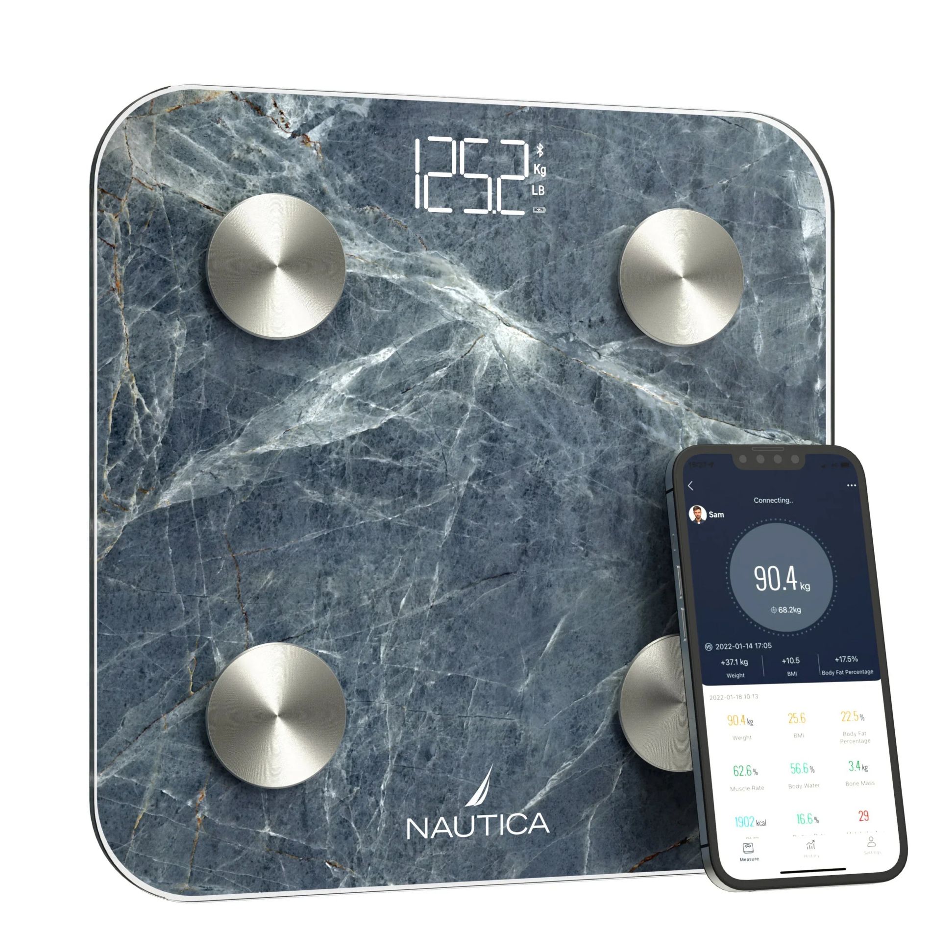 Nautica Body Tracker Digital Scale for Body Weight, Bluetooth-Enabled Smart Scale with BMI, Body Fat, Muscle Mass Tracking & More